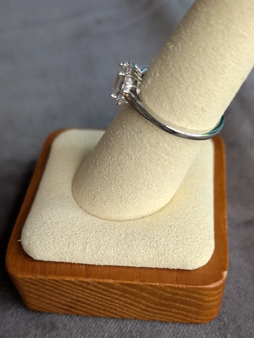Sz 7 Moissanite Engagement Ring Emerald-Cut Halo Ring - White Gold Plated